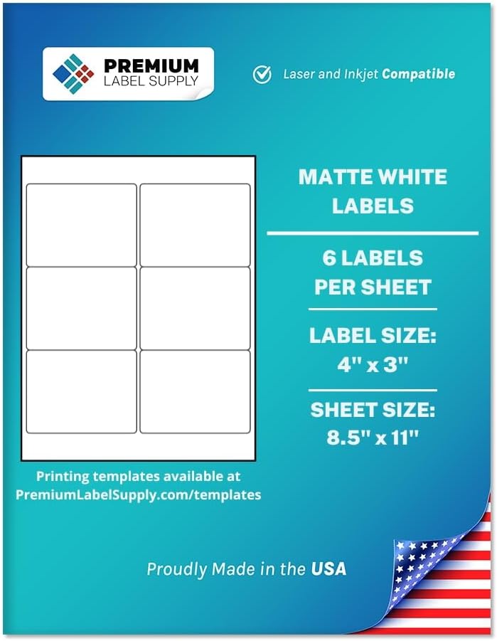 Premium Label Supply White Sticker Labels – 4" x 3" – Laser/Inkjet Compatible – (6 per Sheet), 1000 Sheets – 6,000 Total Adhesive Labels