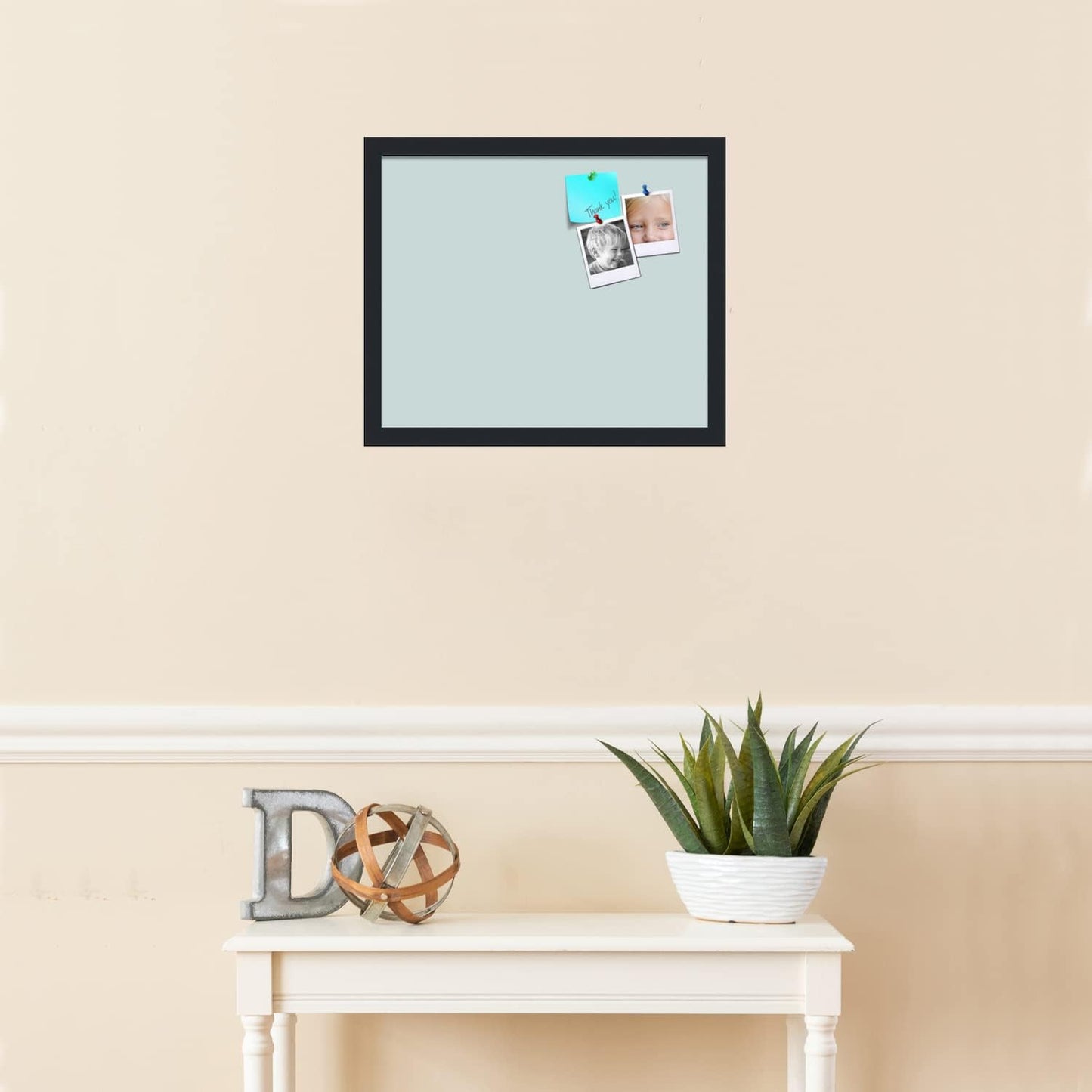 PinPix 18x15 Inch Cork Bulletin Board. This Decorative Framed Pin Board Comes with Soft Blue Design and a Satin Black Frame. Ideal for Home Office Decor or Message Board (PinPix-1814)