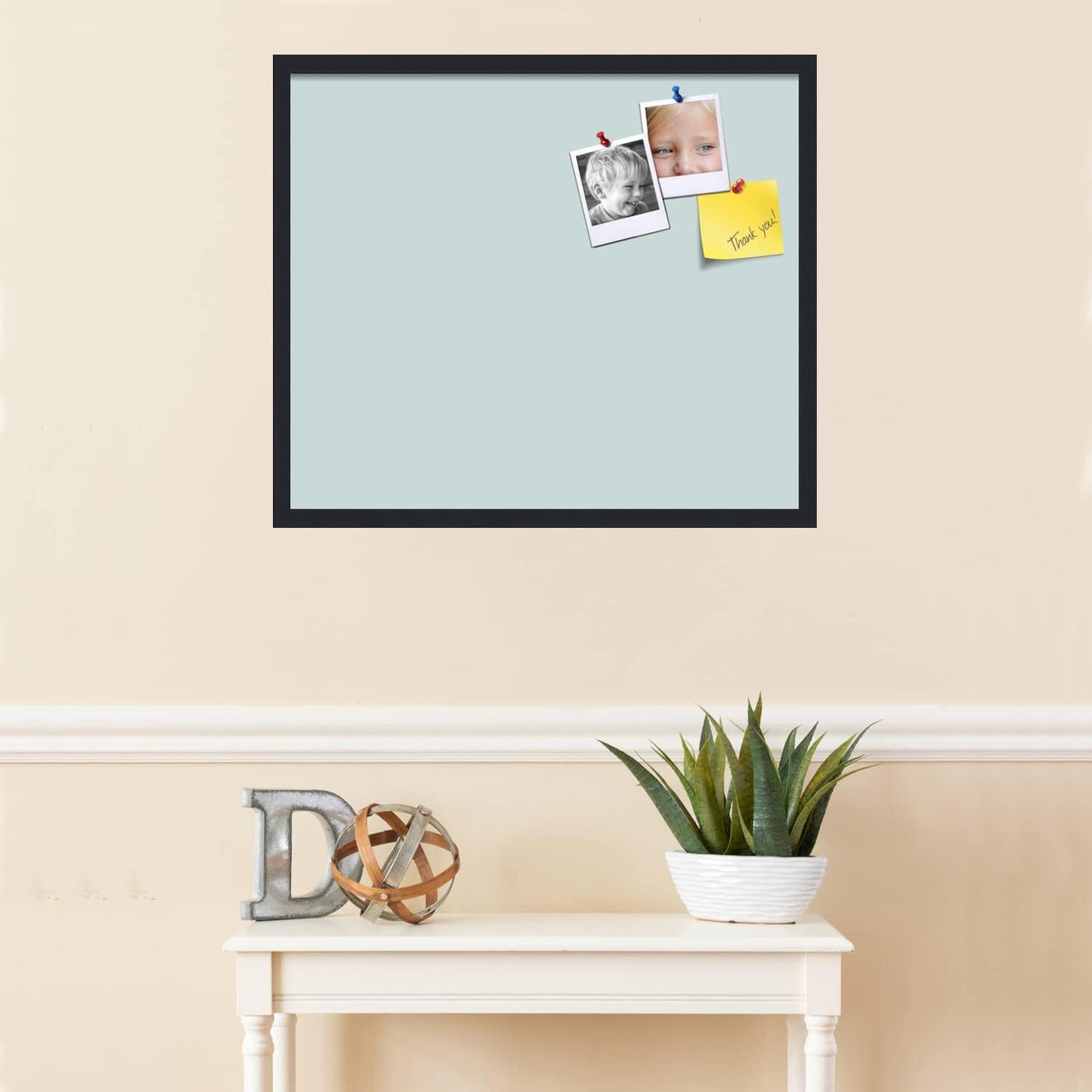 PinPix 28x24 Inch Cork Bulletin Board. This Decorative Framed Pin Board Comes with Soft Blue Design and a Satin Black Frame. Ideal for Home Office Decor or Message Board (PinPix-1814)