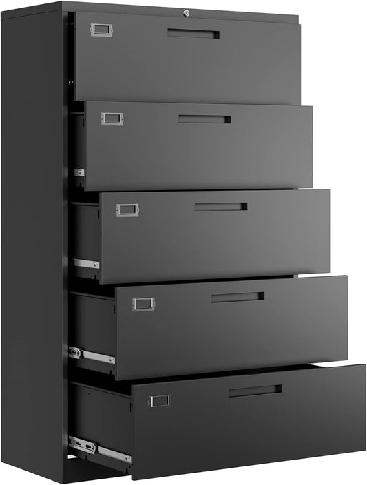 Letaya 5 Drawer File Cabinet with Lock,Metal Lateral Filing Cabinets for Home Office Hanging Files Letter/Legal/F4/A4 Size(Black-Requires Installation)