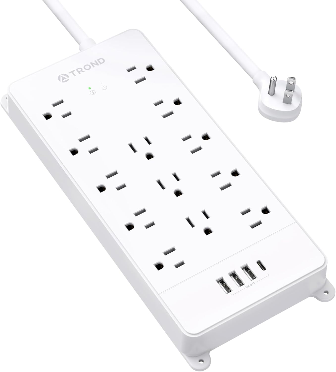 TROND Power Strip Surge Protector - White Extension Cord with USB Ports, 13 Widely-Spaced Outlets Expansion, 5ft, Flat Plug, Under Desk, Wall Mount, Heavy Duty, 4000 Joules, Office, Home, ETL Listed