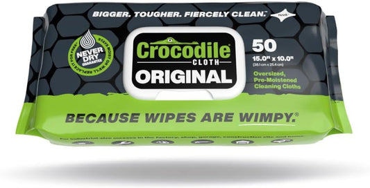 Crocodile Cloth Original Cleaning Wipes – 50 (15” x 10”) Hand & Tool Industrial Cleaning Wipes – Large Multi-Surface Cleaning Cloths, Water-Based Solution with Extreme Cleaning Power — Safe on Skin