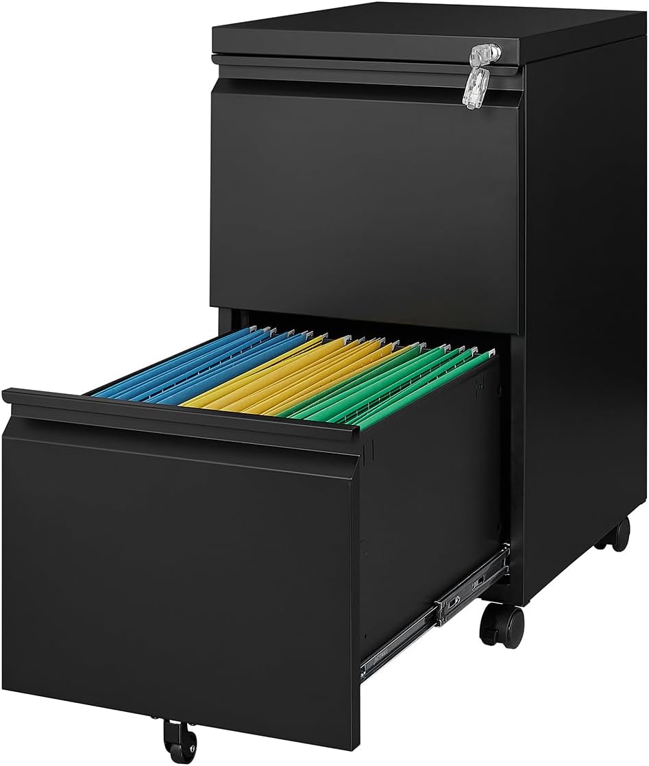 2 Drawers Vertical File Cabinet - Fully Assembled Black Under Desk Mobile Filling Cabinet Small Lockable Home Office File Cabinets for A4/Letter/Legal Size