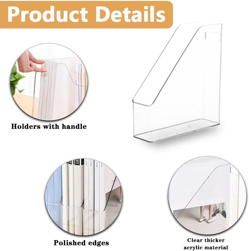 2 Pack Clear Acrylic Magazine File Holder Plastic Desk Organizer with Handle, Acrylic Vertical File Folder Bin Storage File Folders Magazine Rack Document Storage Organizer for Home Office