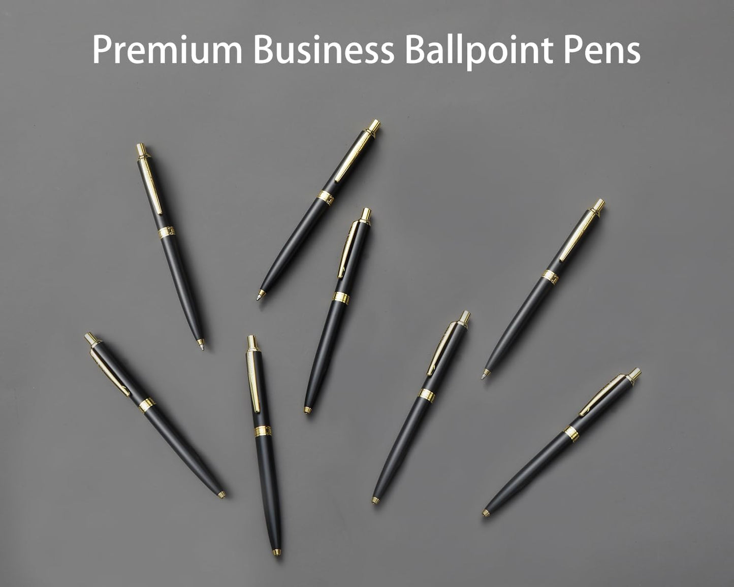 LINFANC 8 Pack Ballpoint Pens, Premium Retractable Metal Ballpoint Pen, Medium Point 1.0mm Black Ink Pen for Home School Work Office Supplies, Matte Black with Gold Trim, Extra 8 Refills