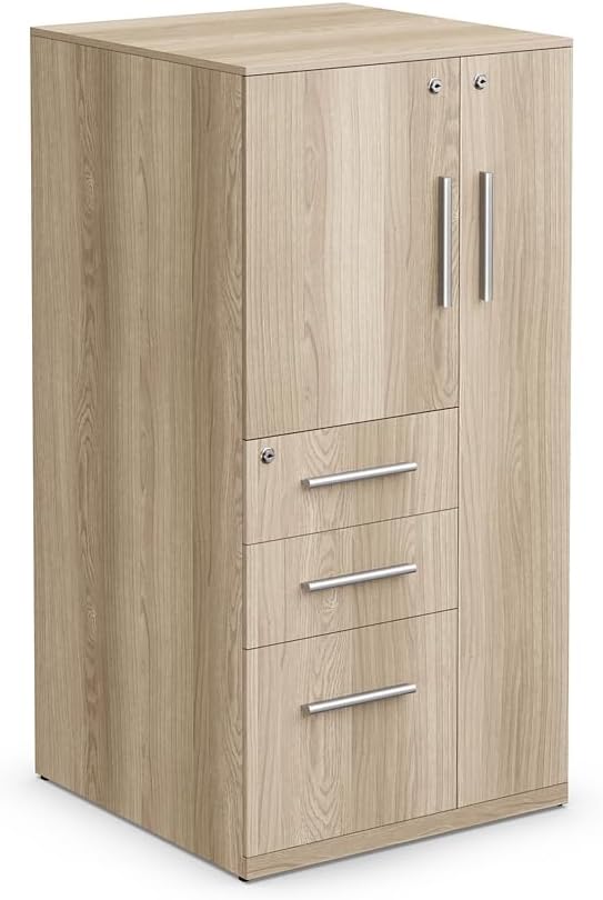 NBF at Work Wardrobe Office Storage Cabinet - 47.64" H Warm Ash Laminate Storage Cabinet with Lockable Door -Display Cabinet with 3 Lockable Drawers (48" H x 24" W x 24" D, Gray)