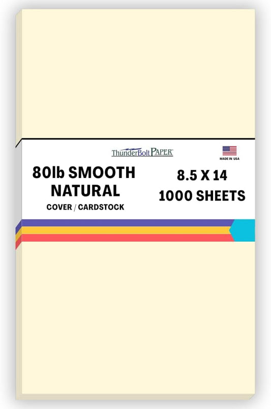 1000 Natural Smooth Card Stock Sheets Paper - 8.5 X 14 Inches Legal|Menu Size - 80# (80 lb/pound) Cover Weight - Quality Paper - Smooth Finish