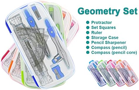 Math Compasses Back-to-School Starter Geometry Kit with 2 Drafting Compasses Protractor Set Squares Ruler and More for Students Maths Study Homework, Blue Set with Carry Case