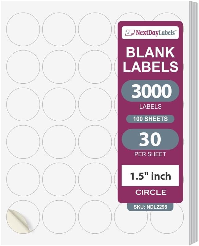 NextDayLabels 1.5 Inch Round Matte White Blank Labels - Circle Stickers for Laser/Inkjet Printers (3000 Labels, 100 Sheets of 30)