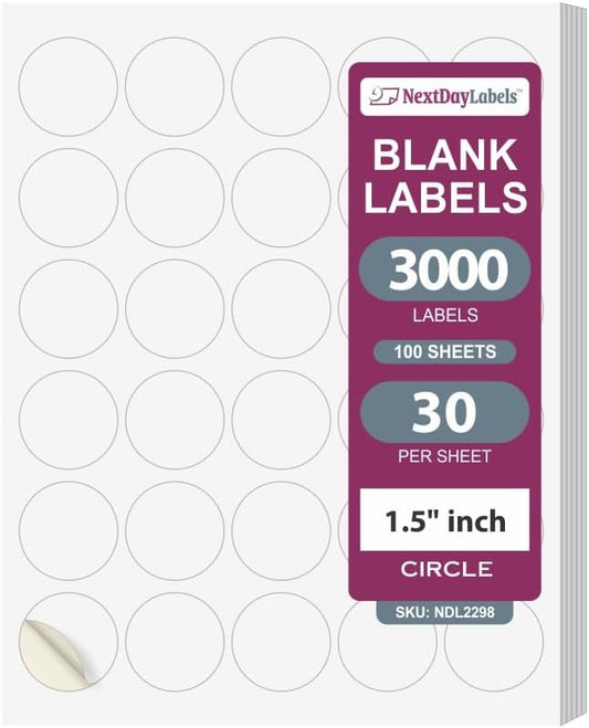 NextDayLabels 1.5 Inch Round Matte White Blank Labels - Circle Stickers for Laser/Inkjet Printers (3000 Labels, 100 Sheets of 30)