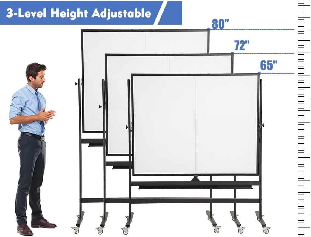 Large Magnetic Mobile Whiteboard 72"x48", Rolling Double Sided Stand Whiteboard on Wheels, Reversible Adjustable Height/Angle Dry Erase Board 6' x 4' Easel White Board for Office Classroom, Black