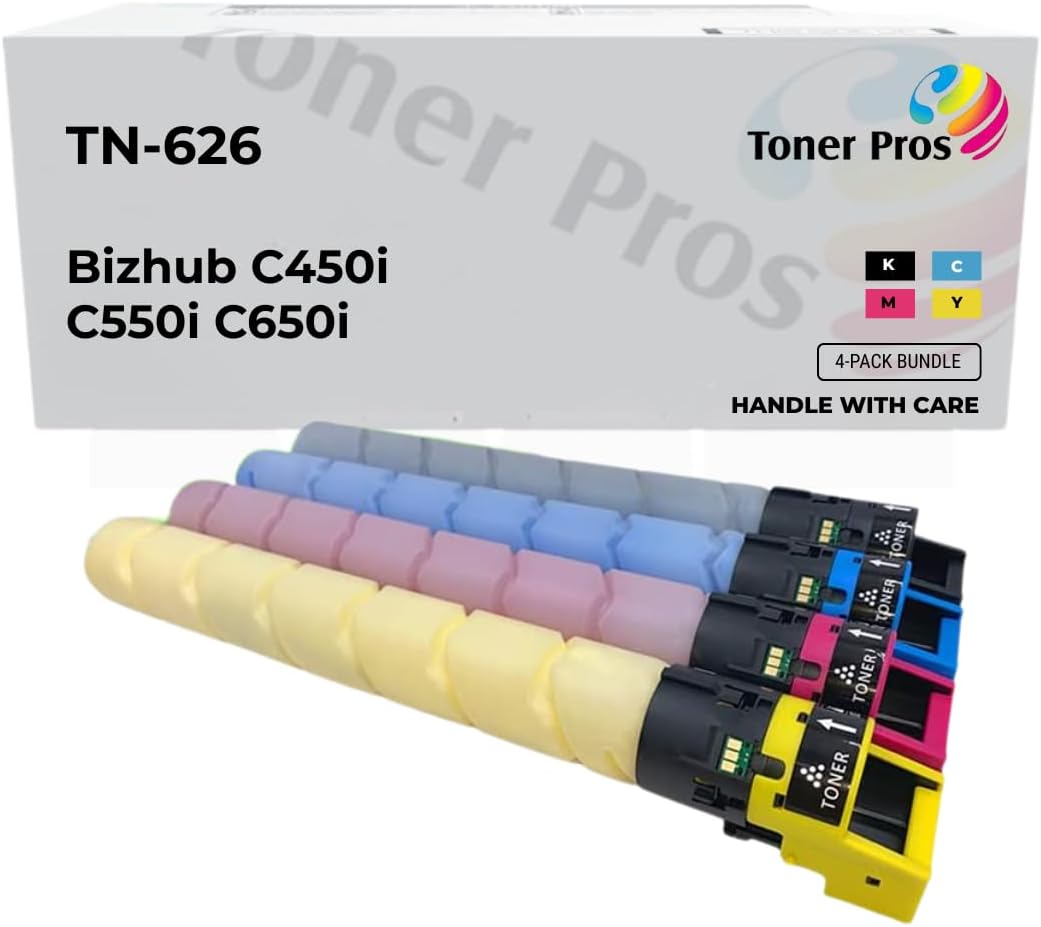Toner Pros Replacement Toner Cartridge Compattible for Konica Minolta TN-626 (TN626K, TN626C, TN626M, TN626Y) – High Yield 4-Color Pack for Bizhub C450i, C550i, C650i Printers – 28,000 Pages Each