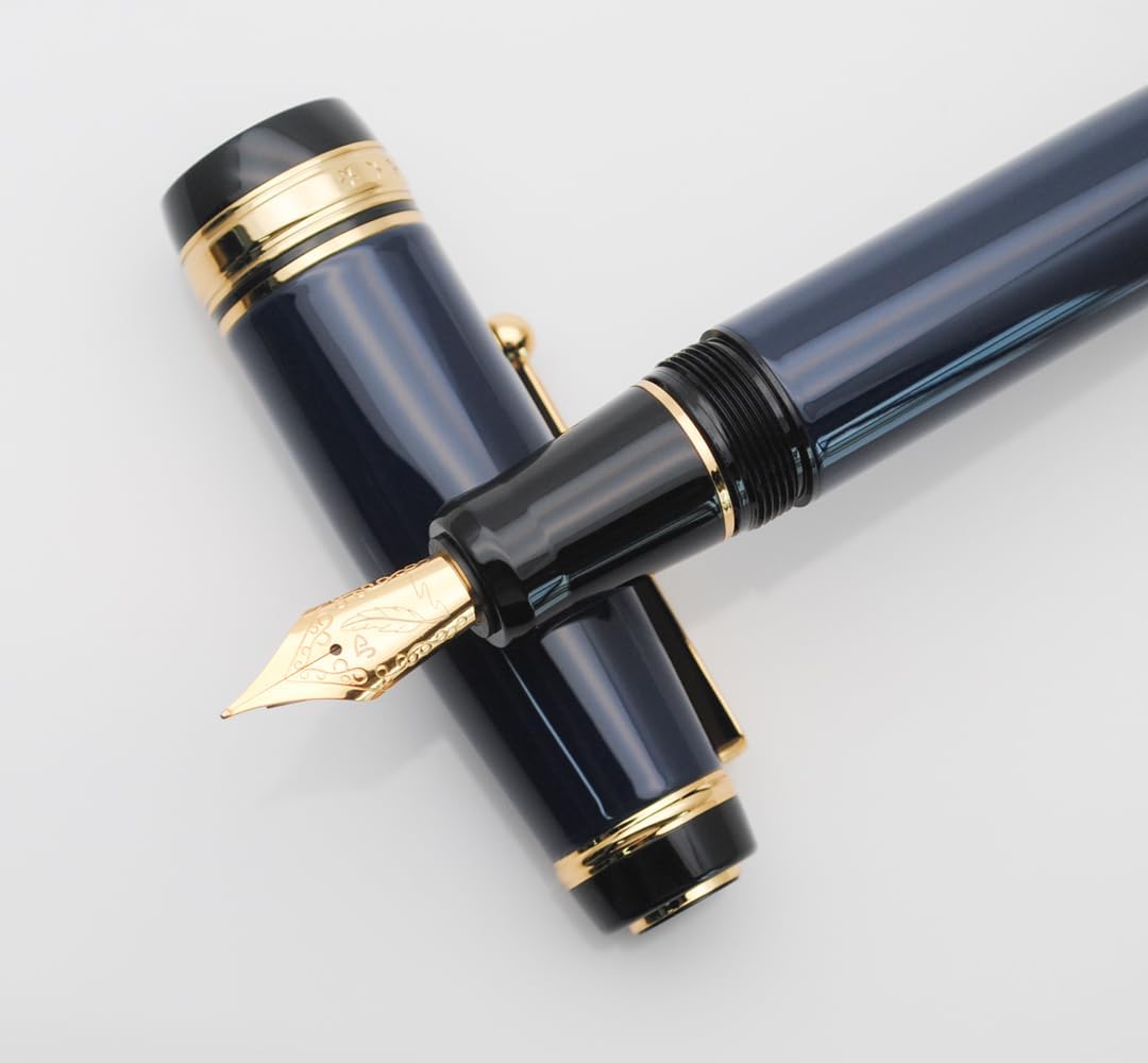 Metal Big Fountain Pen Set Medium Nib 0.7mm, Includes Ink Refill Converter, 5 Ink Cartridges & Gift Box (Medium Nib 0.7mm, Dark Blue)