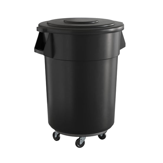 55 Gallon Black Round Commercial Trash Can with Lid and Dolly