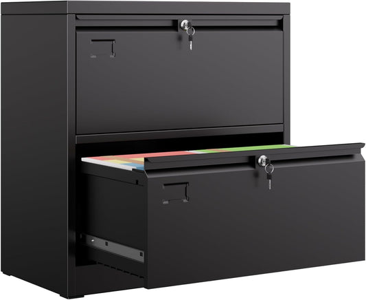 Aobabo 2 Drawer Wide Lateral File Cabinet, Metal Filing Cabinet with Lock, Suitable for Home Office School Hanging Files Letter/Legal/F4/A4 Size,Black,Required-Assembly,15.87" D x 28.94" W x 30.24" H