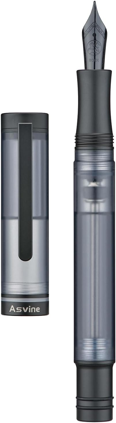 Asvine V200 Titanium Fountain Pen Vacuum Filling, Matte Black Bock Extra Fine Nib Clear Demonstrator Acrylic with Pen Case and Wrench