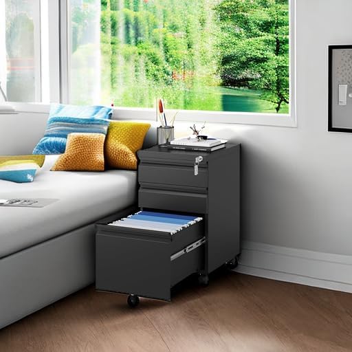 MIIIKO File Cabinet 3 Drawers on Wheels Under Desk, Black Metal Rolling File Cabinets with Lock for Home Office, Un-Assembled Filing Cabinet with Lock