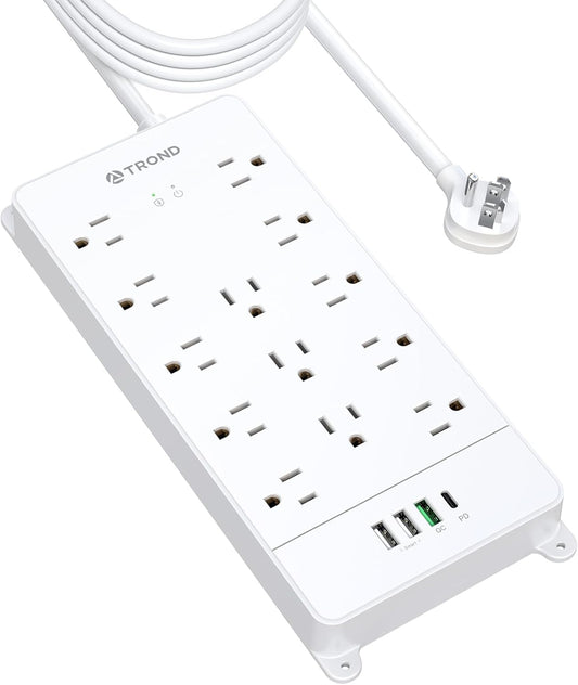 TROND Surge Protector Power Strip 15 ft, Flat Plug Extension Cord, 13 Wide Spaced Outlets, 4000 Joules, 32W Quick Charge 3.0 & USB C, Wall Mount, Under Desk, Heavy Duty, Mountable, ETL Listed, White