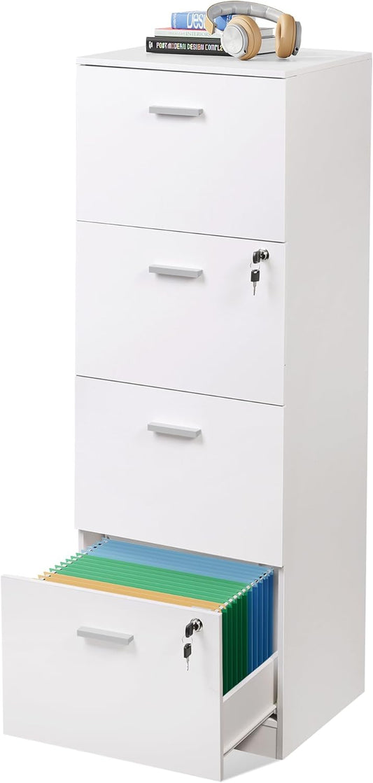 DEVAISE 4 Drawer File Cabinet with Lock, Vertical Filing Cabinet for A4/Letter Size Files, Wood Storage Organizer for Home Office, White