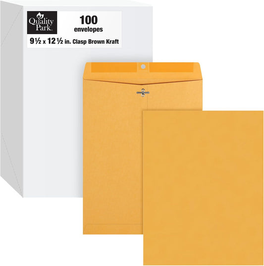 Quality Park 9-1/2" x 12-1/2" Clasp Envelopes, Brown Kraft, Gummed Flap, 100/Box (QUA37793)