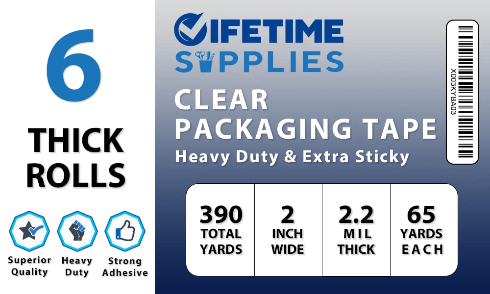 6 Rolls [Upgraded] Clear Premium Packing Tape, 65 Yards, 2.2 mil, Heavy Duty Packaging Tape for Shipping, Moving, Sealing - Stronger & Thicker
