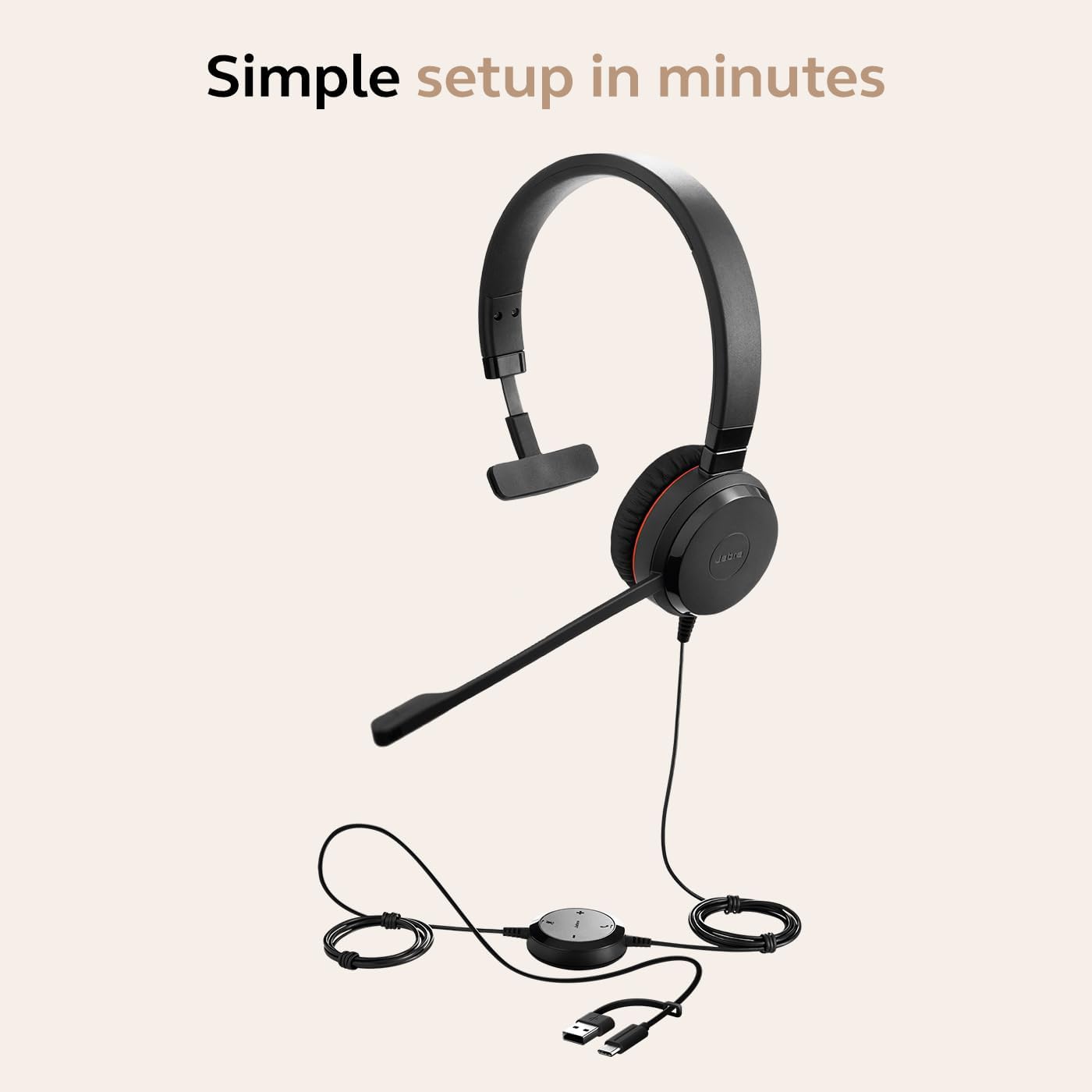 Jabra Evolve 30 II Wired Single-Ear Headset with Mic for Work - 3.5mm Jack, USB-A/USB-C Connectivity, Computer Headset with Noise-Cancelling Microphone, Microsoft Teams Certified, Call Control - Black