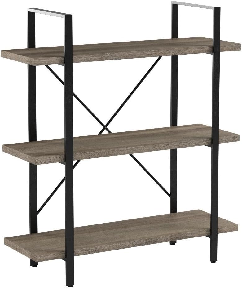HSH 3-Shelf Bookcase, Rustic Gray 3 Tier Bookshelf, Vintage Industrial Wooden and Metal Display and Storage Bookshelves Tower for Home Office Livingroom Bedroom Light Grey Oak