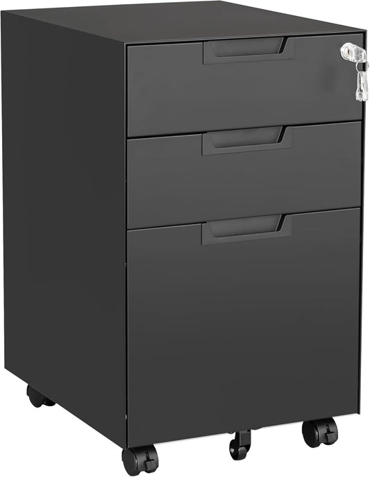 Letaya 3 Drawer Mobile File Cabinet with Lock,Under Desk Metal Small Filing Cabinets for Home Office Organizer Letters/Legal/A4(Fully Assembled Except Wheels-Black)
