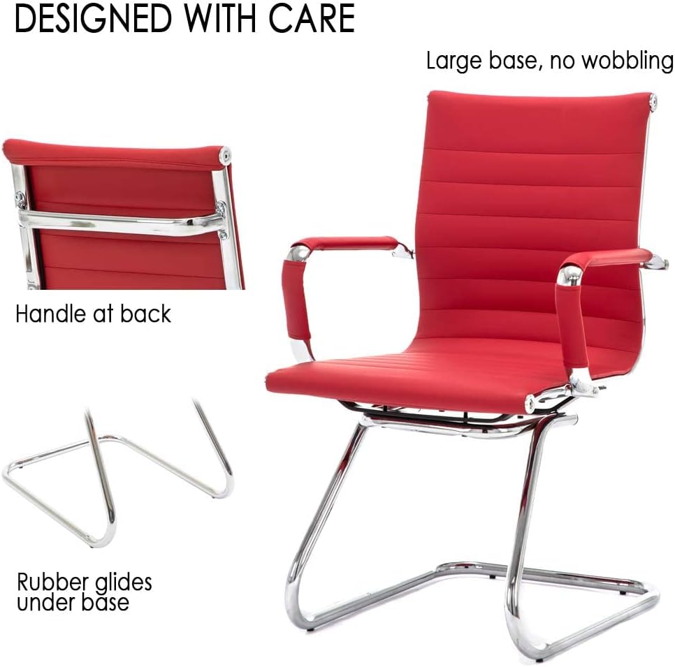 Office Desk Chair No Wheels Set of 6 PU Leather Computer Chairs Mid Back Guest Chairs for School Reception Conference Waiting Room, Deep Red