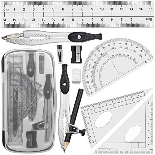 Professional Geometry Compass Set, Starter Compass Set Includes 2 Drafting Compasses, Protractor, 2 Set Squares, Ruler in Storage Box, Back-to-School Math Supplies for Students, Black