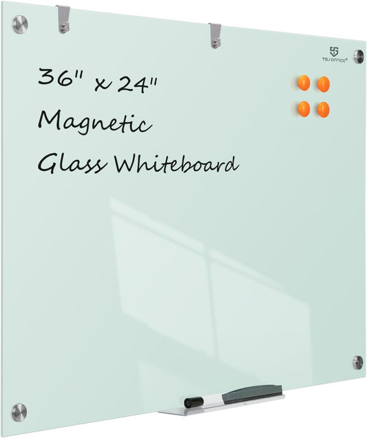 TSJ OFFICE Glass Dry-Erase Board - 36 x 24 Inches Wall Mounted Whiteboard with Magnetism, Large Frameless Glass White Board for Office, Home & School