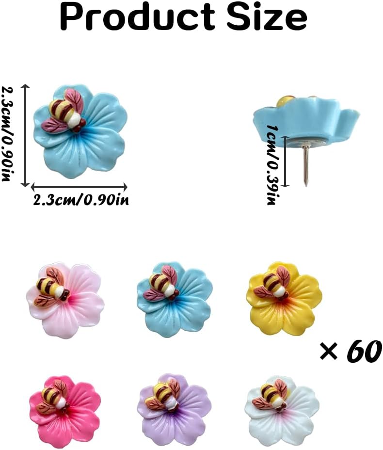 Cute bee Flower thumbtack Bulletin Board thumbtack, Soft Wooden Board thumbtack, Suitable for Classroom and Office Bulletin Board, Photo Wall Decoration thumbtack (60 Pcs)