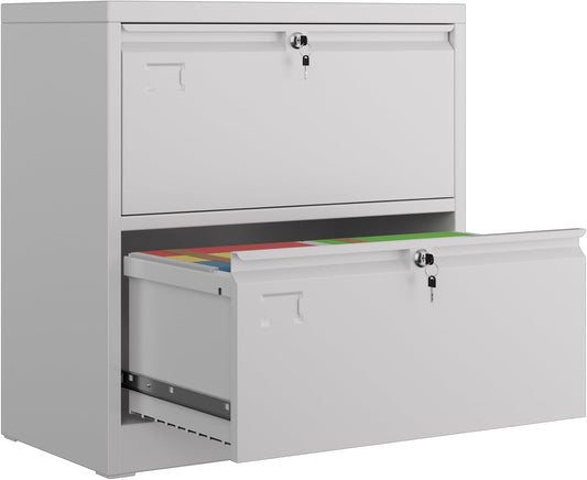 2 Drawer Lateral File Cabinet, Metal Wide Filing Cabinet with Independent Locks, Home Office Furniture for Hanging Files Letter/Legal/F4/A4 Size, Assembly Required, White