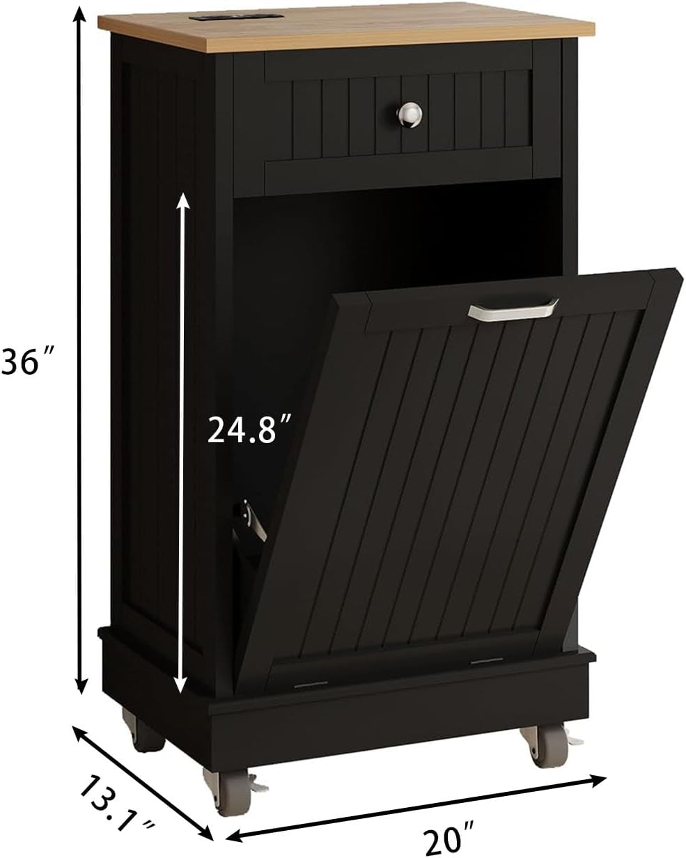10 Gallon Tilt Out Trash Cabinet, Wooden Kitchen Trash Can Cabinet with Hideaway Drawer, Freestanding Laundry Hamper Garbage Recycling Cabinet on Wheels, Pet Proof, Single, Black