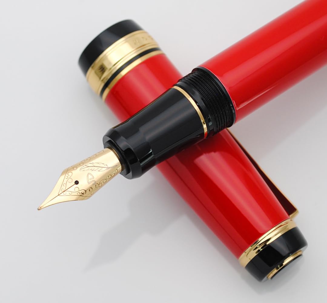 Metal Big Fountain Pen Set Medium Nib 0.7mm, Includes Ink Refill Converter, 5 Ink Cartridges & Gift Box (Medium Nib 0.7mm, Red)