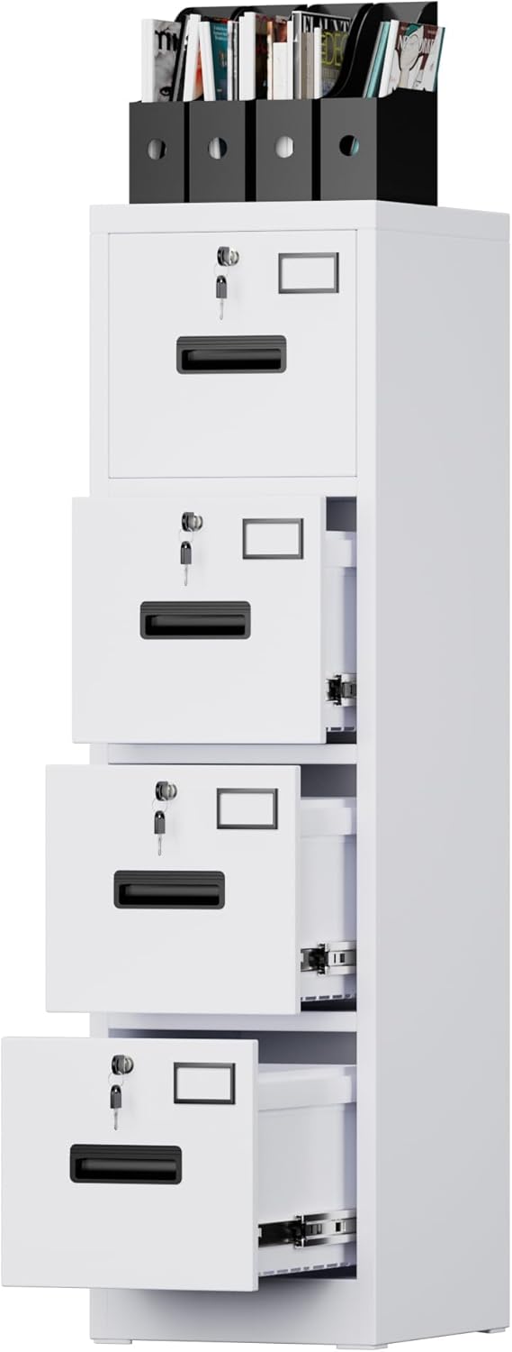 Aobabo 4 Drawer File Cabinet, Metal Filing Cabinet with Lock, Suitable for Home Office School Hanging Files Letter/Legal/A4 Size,White,Required-Assembly,17.72" D x 14.96" W x 55.2" H