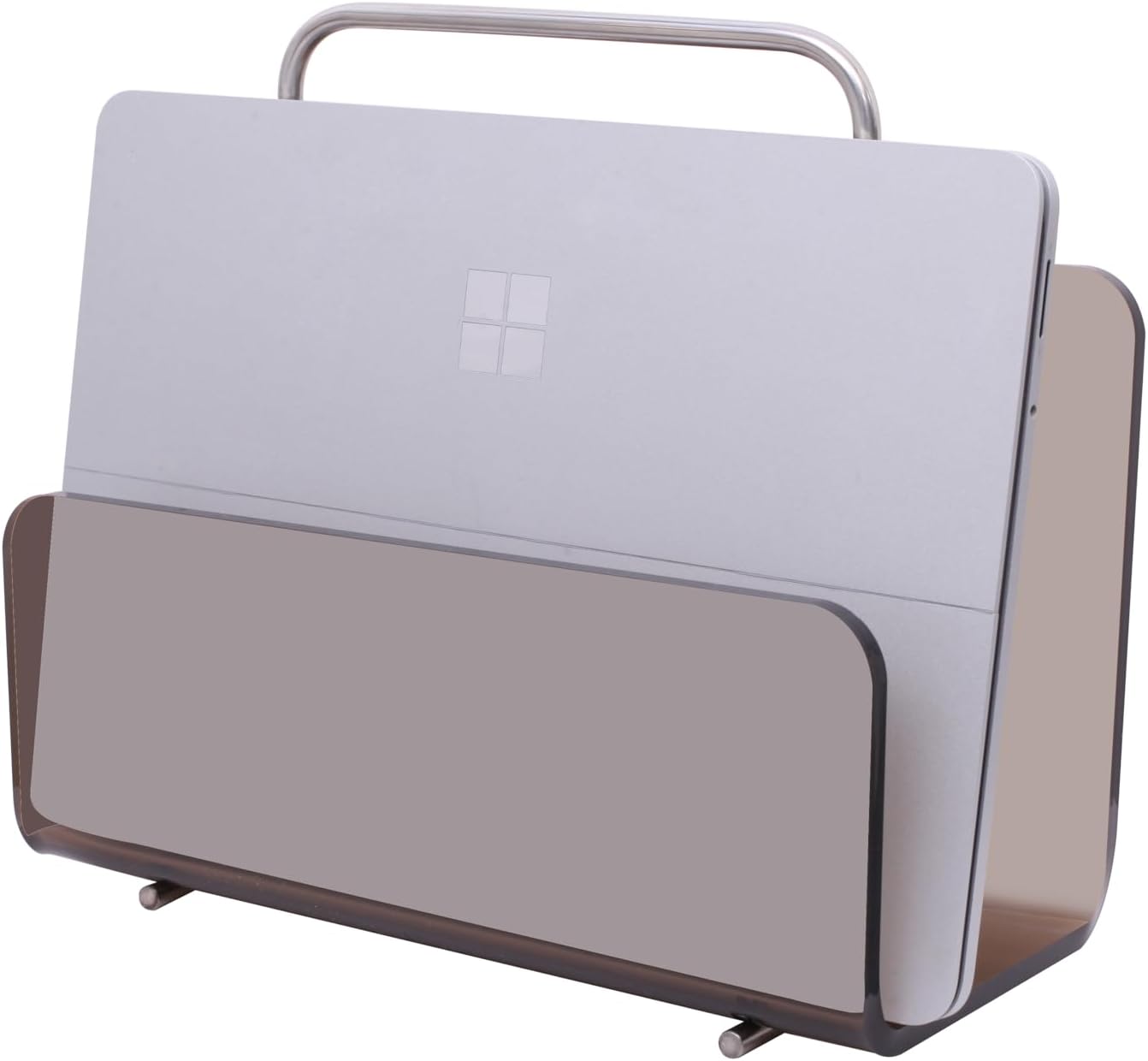 Magazine Holder, Brown Clear Acrylic with Stainless Steel Handle, Tabletop Display Stand