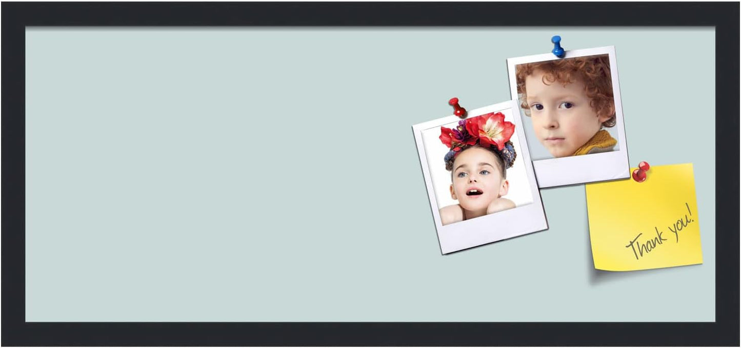 PinPix 28x12 Inch Cork Bulletin Board. This Decorative Framed Pin Board Comes with Soft Blue Design and a Satin Black Frame. Ideal for Home Office Decor or Message Board (PinPix-1814)