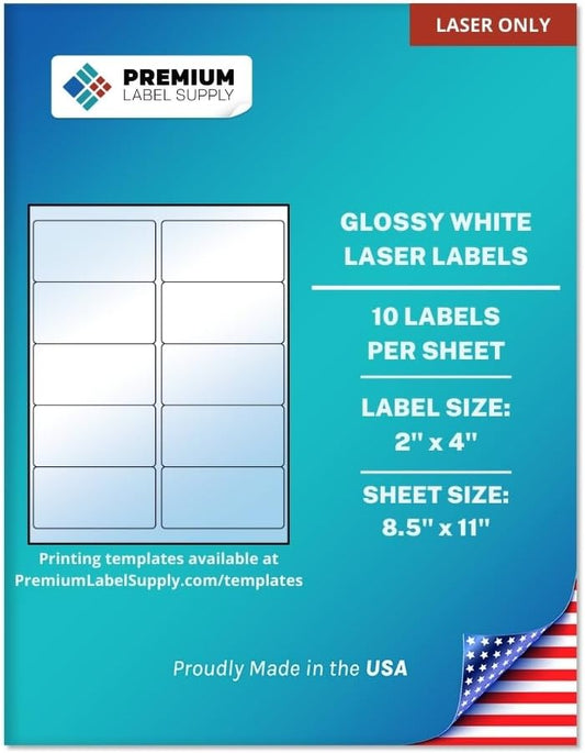 Premium Label Supply Glossy White Sticker Labels – 2" x 4" – (10 per Sheet) (Glossy White for Laser Only, 5,000 Labels)