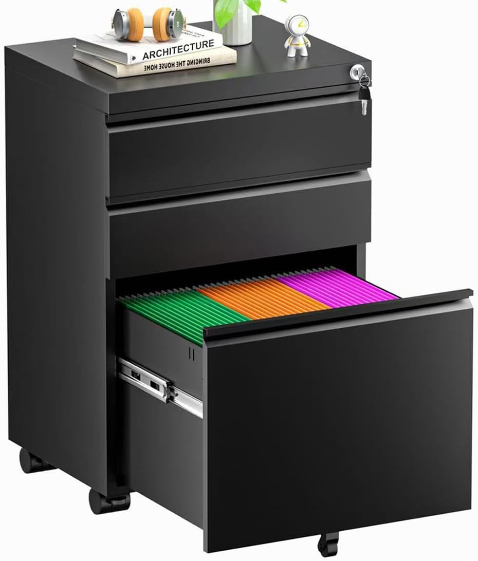 Superday Black File Cabinet 3 Drawer, Fully Assemble Metal Rolling Vertical Filing Cabinet with Wheels, Small Under Desk File Cabinets for Home Office