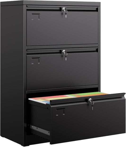 Metal 3 Drawer Lateral File Cabinet with 3 Lock - Wide Filing Cabinet for Letter/Legal/F4/A4 Hanging Files - Includes Business Card Holder,Home Office School Storage,Black