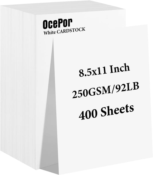 OcePor 400 Sheets White Cardstock 8.5” x 11”, 92lb/250gsm Card Stock, Thick Card Stock Paper, Heavy Cardstock Paper for Printer, Resume, Scrapbooks, Art, Crafts, Business Cards