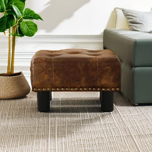 LUE BONA Small Tufted Foot Stool, Yellowish Brown Rivet Faux Leather Footrest with Plastic Legs, 9''H, Rectangle Foot Stools for Adult with Non-Slip Pads, Sofa Footstool for Living Room, Couch