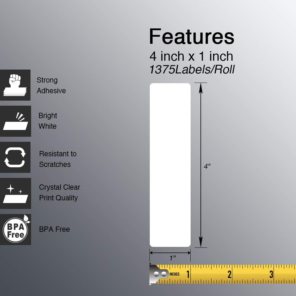 BETCKEY - 4" x 1" (102 mm x 25 mm) Multipurpose Labels Compatible with Zebra & Rollo Label Printer,Premium Adhesive & Perforated [10 Rolls, 13750 Labels]