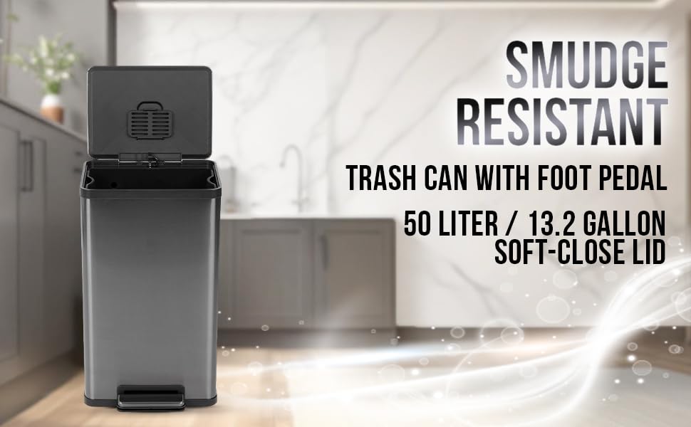 Simpli-Magic 13.2 Gallon (50L) Step Trash Can – Kitchen Garbage Can with Slow-Close Lid – Odor Control, Hands-Free, Easy to Clean, Brushed Stainless Steel