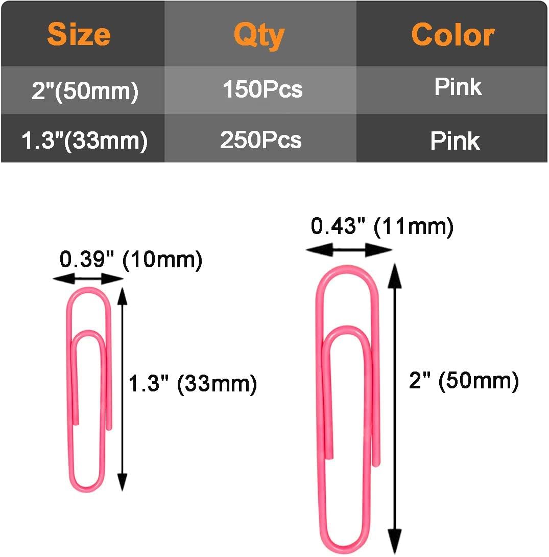 Vinaco Paper Clips Pink, 400PCS Medium and Jumbo Paper Clips (1.3 inch & 2.0 inch), Durable & Rustproof, Coated Paper Clip Great for Office School and Personal Use(Pink)