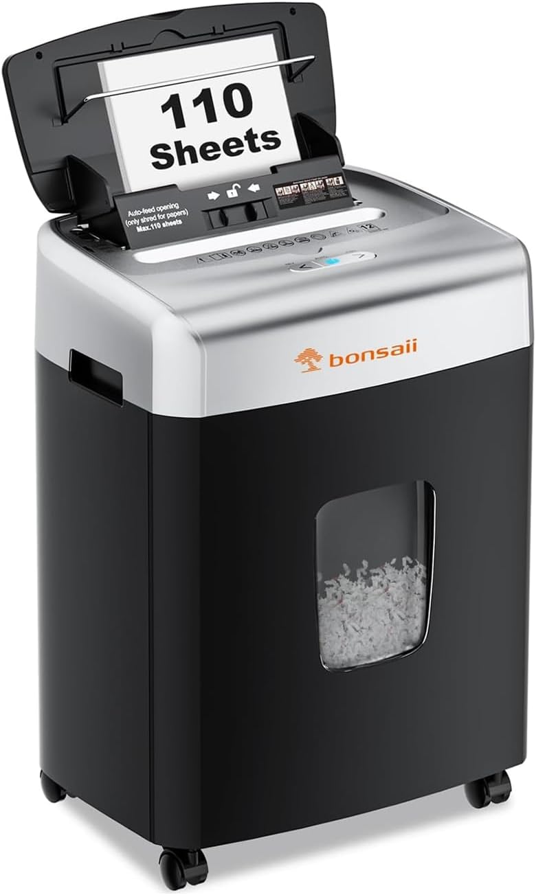 Bonsaii Heavy-Duty Paper Shredder for Home & Office - 110-Sheet Autofeed, Micro Cut, P-4 Security Level, 30-Minute Continuous Shred, 6-Gallon Bin