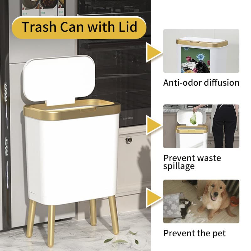 Procade 2Pack Trash Can with Lid, Modern Bedroom Garbage Can with Gold Edge, Slim Kitchen Garbage Bin，4 Gallon Trash Bin Plastic Waste can for Office, Living Room,Toilet,Bathroom (Black+White)