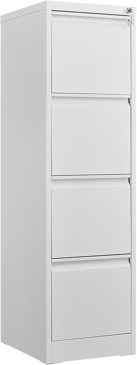 4 Drawer File Cabinet with Lock, Vertical File Cabinets for Home Office, Metal Filing Cabinets, Heavy Duty Steel Lockable Filing Storage Cabinet for Letter/Legal/A4/F4 Size Files, White