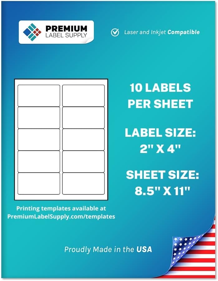 Premium Label Supply White Sticker Address Labels – 2" x 4" – Laser/Inkjet Compatible – (10 per Sheet), 500 Sheets – 5,000 Total Adhesive Labels